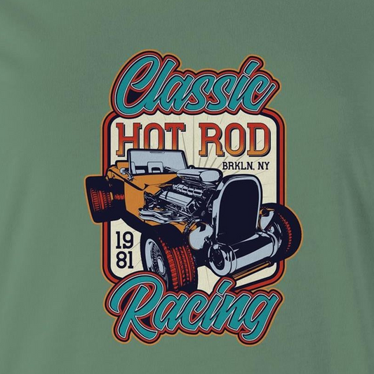 A green women's t-shirt with 'Classic Hot Rod' and related graphics printed on the front.