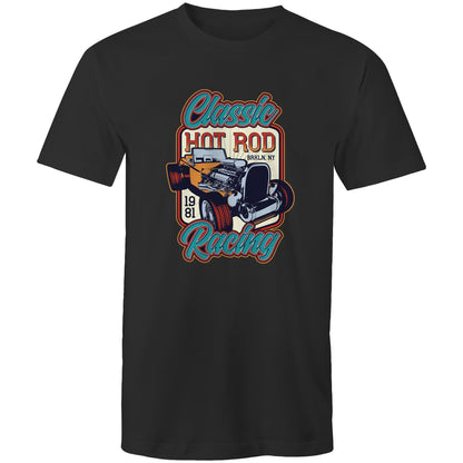 A vintage-style graphic print featuring a hot rod car with an exposed engine, surrounded by the words 'Classic Hot Rod Racing' and '1981 BRKLN. NY' on a dark charcoal background.