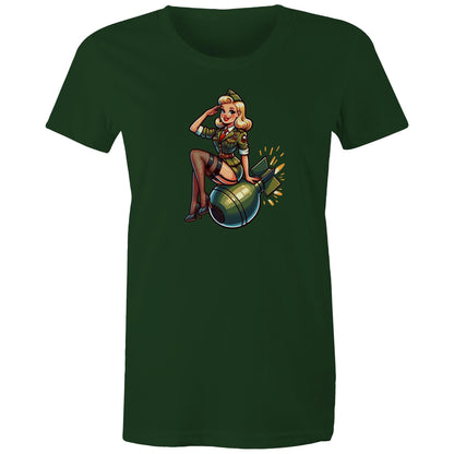 Women's green t-shirt with a vintage style pinup illustration of a female character sitting next to a bomb, on a maple green background.