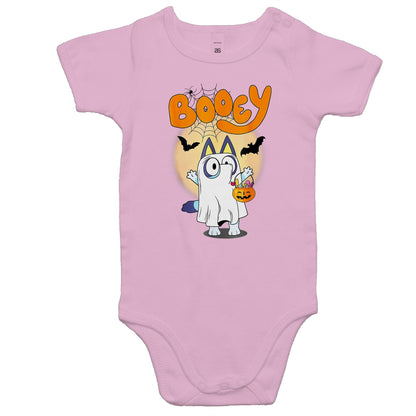 A white t-shirt featuring a colorful cartoon graphic of a ghost character dressed as Bluey, holding a jack-o'-lantern bucket of candy, with the word 'Booey' in orange above.