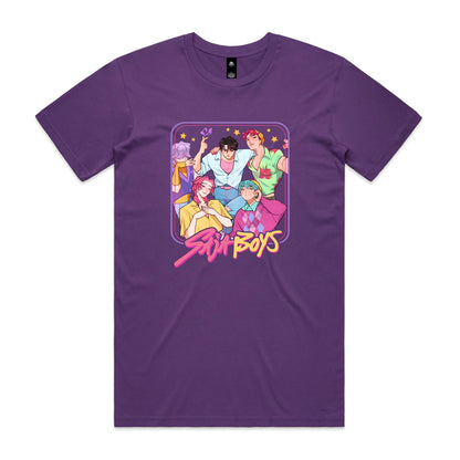 t-shirt featuring a colorful graphic print of five anime-style boys with the text 'Sun Boys' in pink and yellow stylized font.