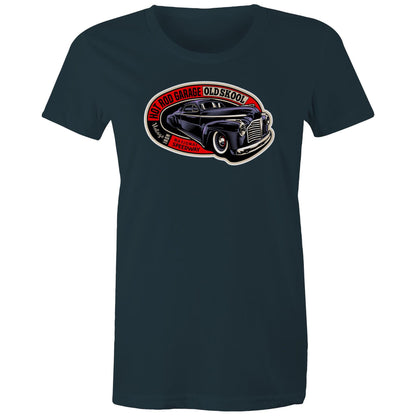 A close-up of a t-shirt featuring a vintage-style graphic print of a black classic car with red, white, and black text reading 'HOT ROD GARAGE OLD SKool' and 'Vintage Iron National Speedway'.