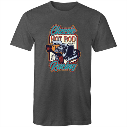 A vintage-style graphic print featuring a hot rod car with an exposed engine, surrounded by the words 'Classic Hot Rod Racing' and '1981 BRKLN. NY' on a dark charcoal background.