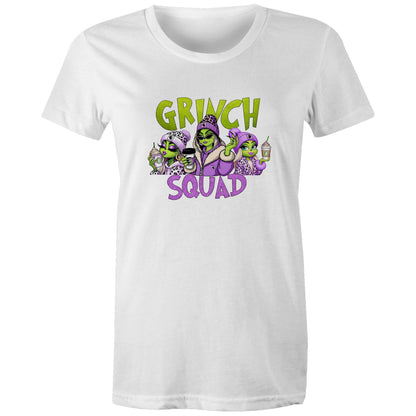 A dark heather gray t-shirt featuring a colorful graphic print of three cartoon aliens dressed in purple and leopard-print clothing, holding drinks, with the text 'GRINCH SQUAD' in lime green and purple.