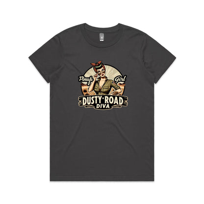 A graphic print on a white background featuring a retro-style pinup illustration of a woman with sunglasses, a red bandana, and an olive green shirt, with the text 'Pinup Girl' and 'Dusty Road Diva'.