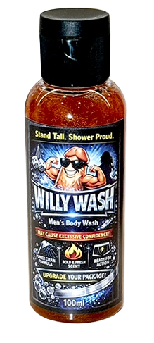 A 100ml bottle of Willy Wash Men's Body Wash with a black cap and a black label featuring a cartoon graphic, containing amber-colored liquid.