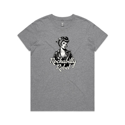 A black and white graphic print on a white fabric background, featuring a retro pin-up style woman in a leather jacket with the text 'Rockabilly Rebel'.
