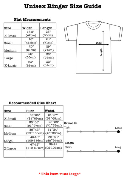 Unisex ringer size guide with t-shirt diagram and measurement chart on a white background