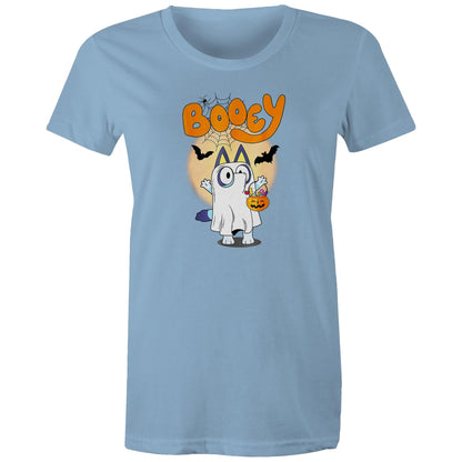 A blue graphic print featuring a cartoon cat dressed as a ghost holding a jack-o'-lantern bucket, with the word 'Booey' in orange above, bats, spiderwebs, and a moon.