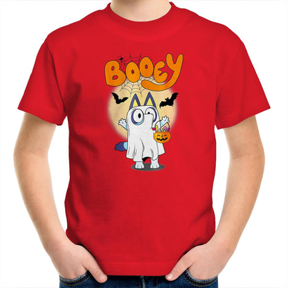 A Halloween-themed graphic print featuring a cartoon cat dressed as a ghost, holding a jack-o'-lantern candy basket, with the word 'Booey' in large orange letters above on a blue background.