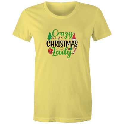women's crew neck t-shirt with 'Crazy Christmas Lady' text and Christmas themed graphics including Santa, reindeer, and holiday ornaments.