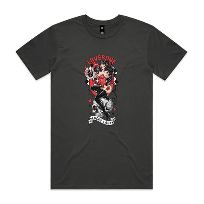 A dark charcoal gray t-shirt featuring a large graphic print of a pin-up style woman with the text 'LOVEBONE' above and a banner reading 'LUCKY LADY' below.