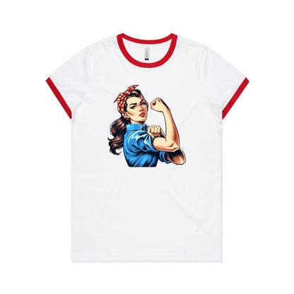 A white women's ringer tee with a colorful graphic of a female character posing with a fist.
