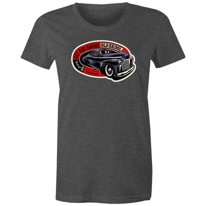 A close-up of a t-shirt featuring a vintage-style graphic print of a black classic car with red, white, and black text reading 'HOT ROD GARAGE OLD SKool' and 'Vintage Iron National Speedway'.