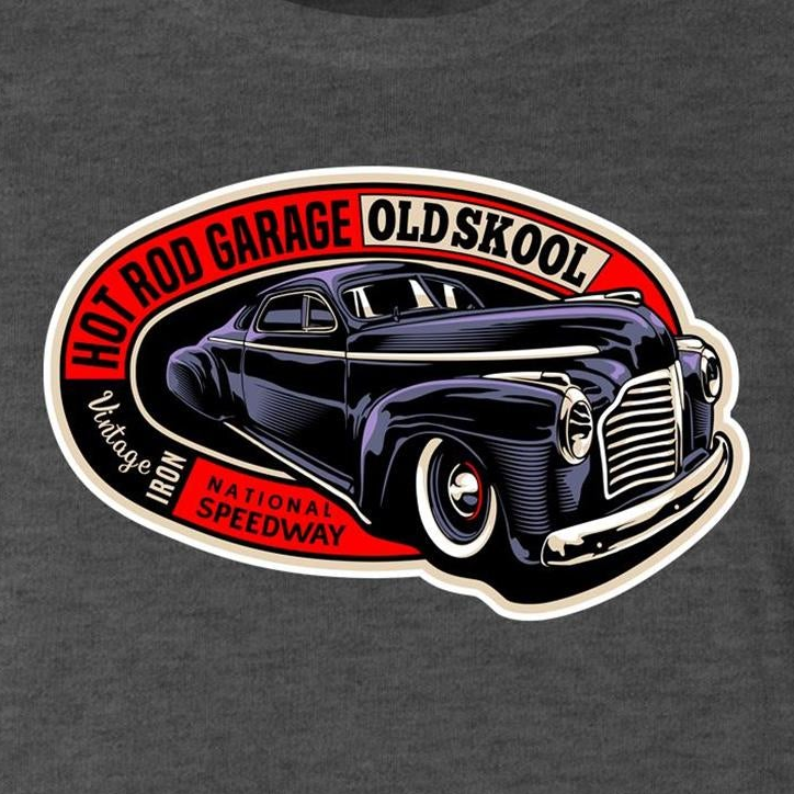 A close-up of a dark heather gray t-shirt featuring a vintage-style graphic print of a black classic car with red, white, and black text reading 'HOT ROD GARAGE OLD SKool' and 'Vintage Iron National Speedway'.