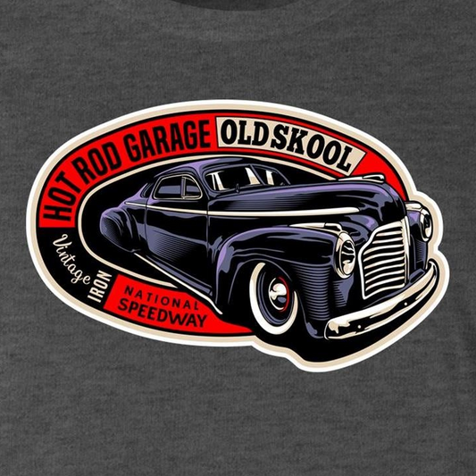 A close-up of a dark heather gray t-shirt featuring a vintage-style graphic print of a black classic car with red, white, and black text reading 'HOT ROD GARAGE OLD SKool' and 'Vintage Iron National Speedway'.