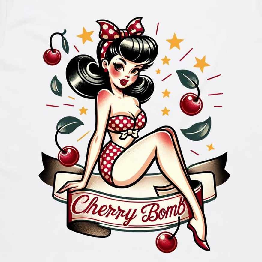 A white crew neck t-shirt with a printed graphic of a pin-up style illustration featuring a female character with cherry blossoms and the text 'CHERRY BOMB'.