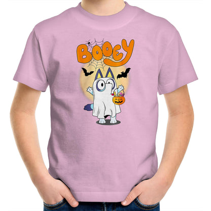 A Halloween-themed graphic print featuring a cartoon cat dressed as a ghost, holding a jack-o'-lantern candy basket, with the word 'Booey' in large orange letters above on a blue background.