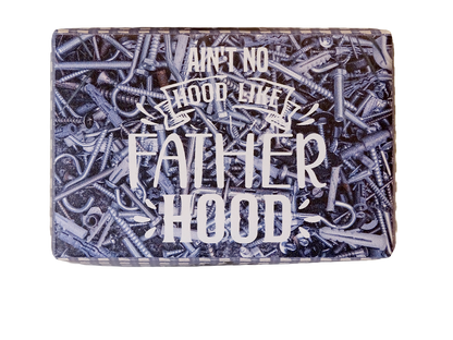 A rectangular metal sign with a distressed, rustic design featuring a background of piled screws and nails in silver and dark gray tones. The text reads 'AIN'T NO HOOD LIKE FATHER HOOD' in stylized white lettering.
