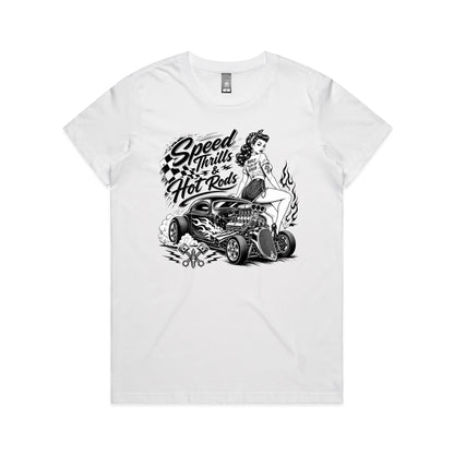 A white short-sleeve crewneck t-shirt featuring a large black graphic print of a pin-up girl sitting on a hot rod car with the text 'Speed Thrills & Hot Rods'.
