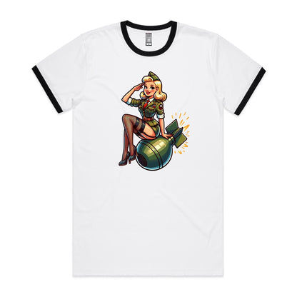 White ringer tee with red contrast at the neck and sleeve hems, featuring a graphic print of a pinup sitting on a bomb.