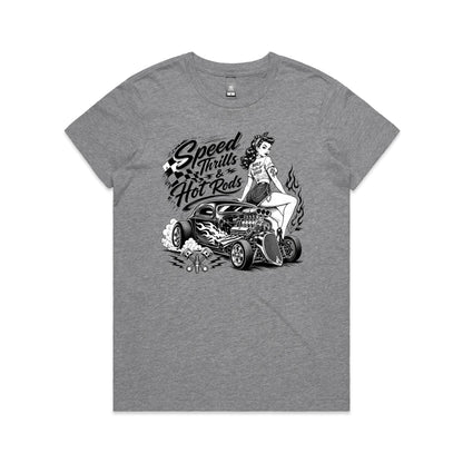 A white short-sleeve crewneck t-shirt featuring a large black graphic print of a pin-up girl sitting on a hot rod car with the text 'Speed Thrills & Hot Rods'.