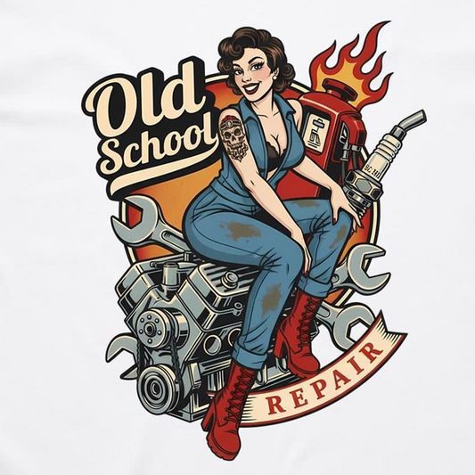 A vintage-style pin-up illustration printed on a white garment, showing a woman in blue overalls and red boots sitting on a motorcycle engine with wrenches, a gas pump, flames, and the words 'Old School' and 'REPAIR'.