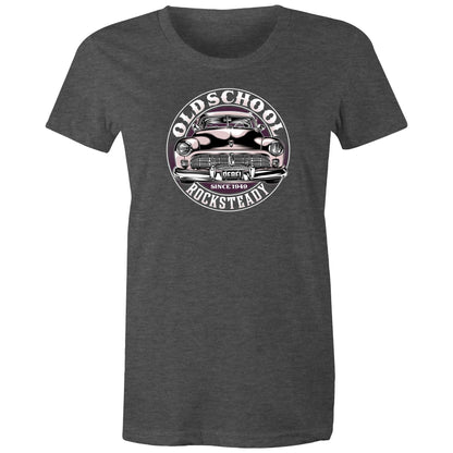 A close-up of a heather gray t-shirt featuring a circular graphic print of a vintage car with the text 'OLD SCHOOL ROCKSTEADY' and 'SINCE 1949'.