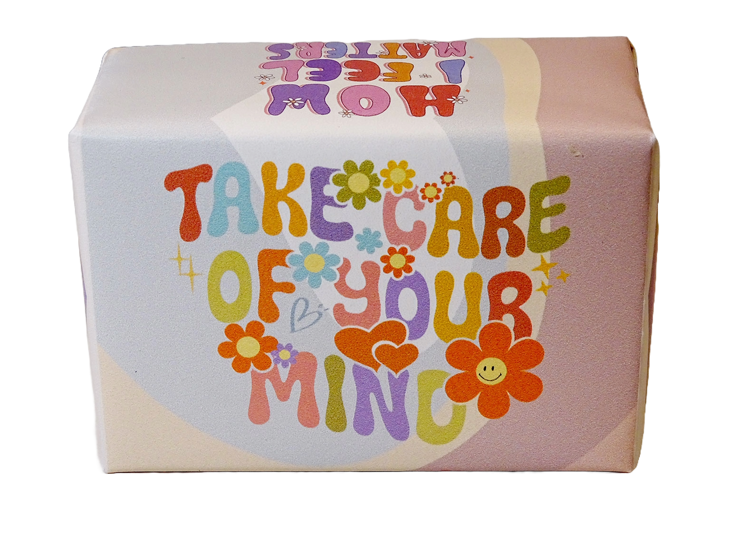 A square product box with a retro 1960s-style design featuring the text 'TAKE CARE OF YOUR MIND' in colorful retro letters with flowers and hearts, on a white background.