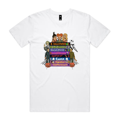 A graphic print featuring cartoon characters and movie titles from the Halloween franchise, including Dr. Seuss, Jack Skellington, Michael Myers, Sally, and various film titles like 'Halloween', 'Bedazzle', 'Hocus Pocus', 'Friday the 13th', 'Casper', and 'Gorillaz vs.