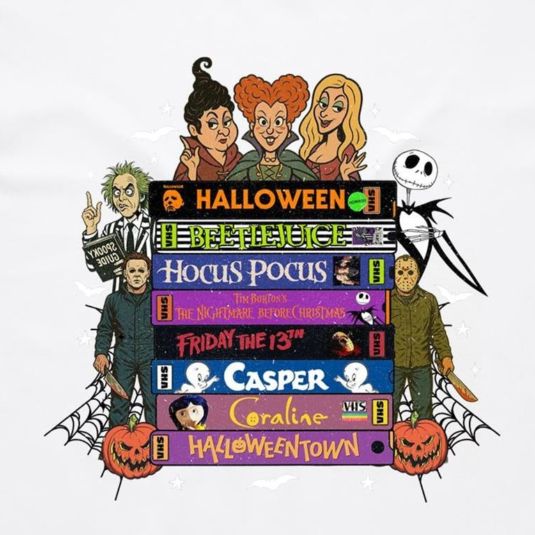 A graphic print featuring cartoon characters and movie titles from the Halloween franchise, including Dr. Seuss, Jack Skellington, Michael Myers, Sally, and various film titles like 'Halloween', 'Bedazzle', 'Hocus Pocus', 'Friday the 13th', 'Casper', and 'Gorillaz vs.
