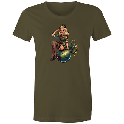 A black women's t-shirt with a printed graphic of a pinup style illustration featuring a character with a bow and stars, and the text 'Cherry Bomb'.