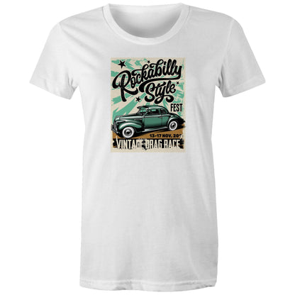 A vintage-style poster graphic on a sage green background, featuring the text 'Rockabilly Style FEST' in black script, a retro green car illustration, and 'VINTAGE DRAG RACE' with the date '13-17 NOV, 20'.