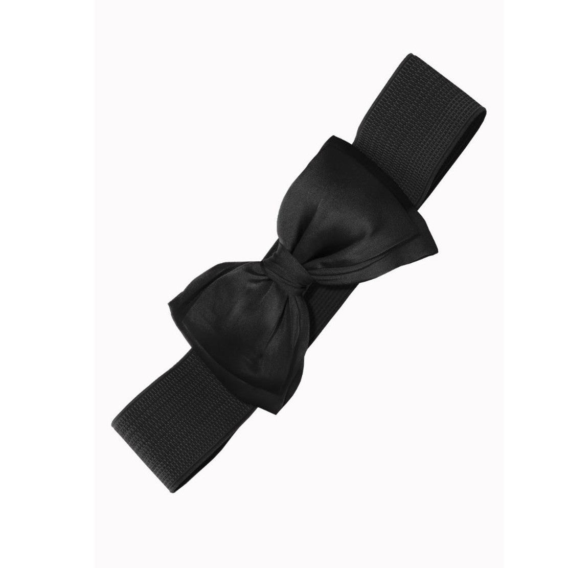 A black bow tie with an elastic band, shown diagonally on a plain white background.