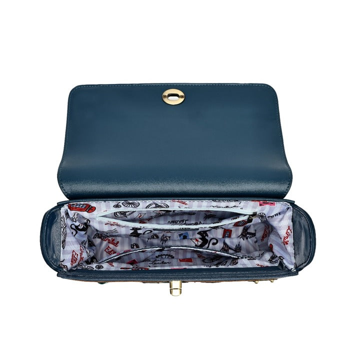 A navy blue leather clutch bag shown open, displaying its interior. The interior features a white lining with a black and red motorcycle pattern, and the exterior has a gold-tone metal clasp on the front flap.