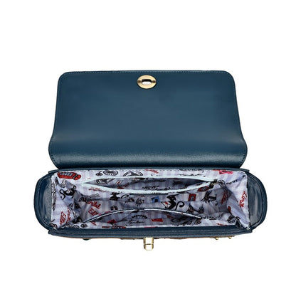 A navy blue leather clutch bag shown open, displaying its interior. The interior features a white lining with a black and red motorcycle pattern, and the exterior has a gold-tone metal clasp on the front flap.