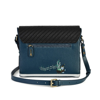A navy blue crossbody bag with a black textured flap, featuring a small cartoon character and quote graphic on the front pocket, with a matching navy strap and gold-tone hardware.