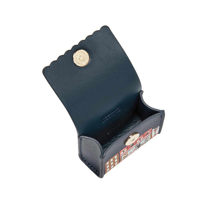 Black leather wallet with a decorative button on a white background