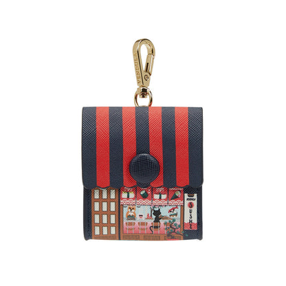 Small wallet with red and black striped pattern on a white background