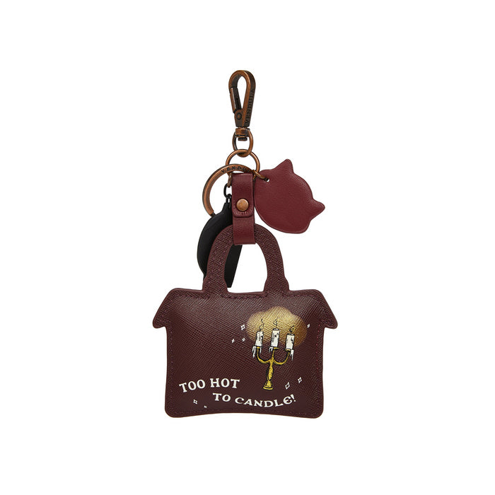Brown bag-shaped keychain with 'Too Hot to Candle' text and candle design on a white background