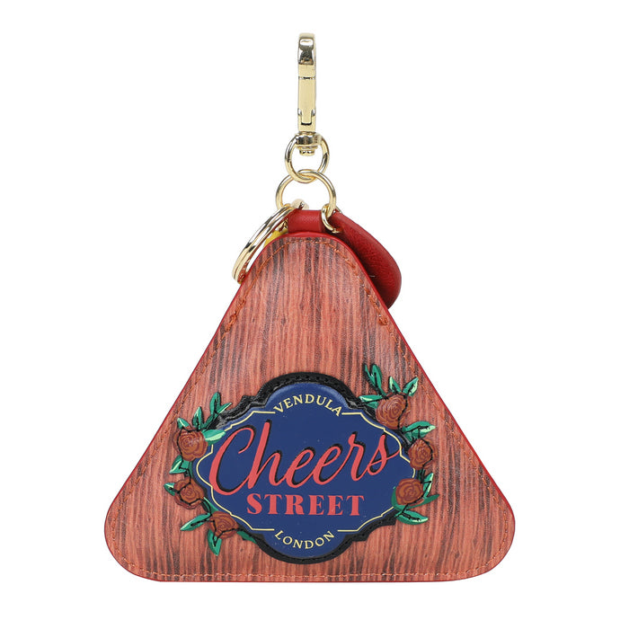 Wooden keychain with 'Cheers Street London' branding on a white background