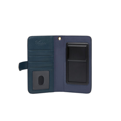 Navy blue phone case with multiple compartments on a white background