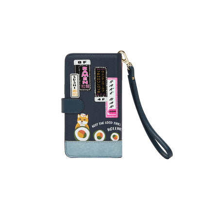 Phone wallet with cartoon cat and sushi design on a white background