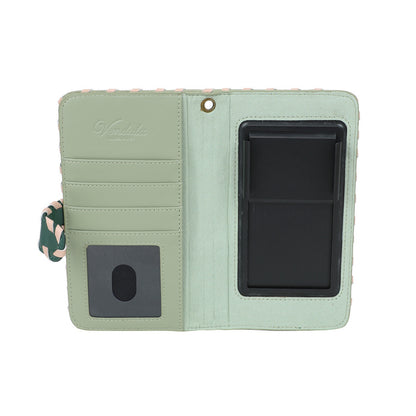 Green wallet with card slots and a strap on a white background