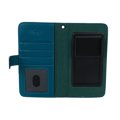 Teal phone case with black accents on a white background