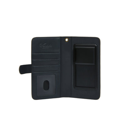 Black phone case with multiple compartments on a white background