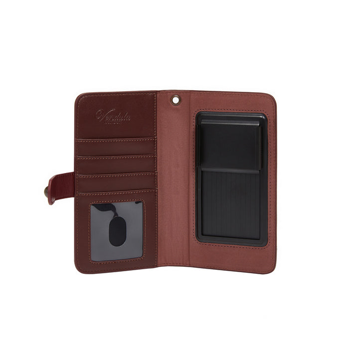 Brown leather wallet with card slots and a phone pocket on a white background