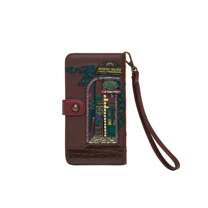 Brown leather wallet with decorative design on a white background