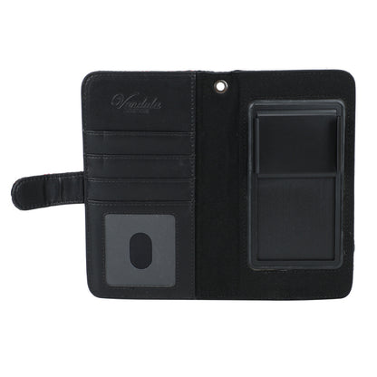 Black wallet with card slots and a phone holder on a white background