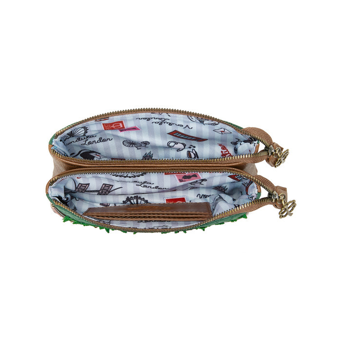 Small pouch with a patterned interior on a white background